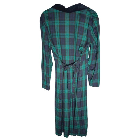 NWT Vtg 12P 80s 90s Trad Wife Green Tartan Plaid Tie Back Midi Dress Frog Button - Picture 2 of 6